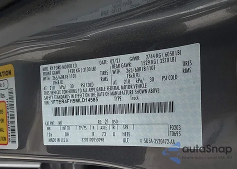 2021 Ford Ranger Lariat z USA, uszkodzony, nr VIN 1FTER4FH5MLD14585